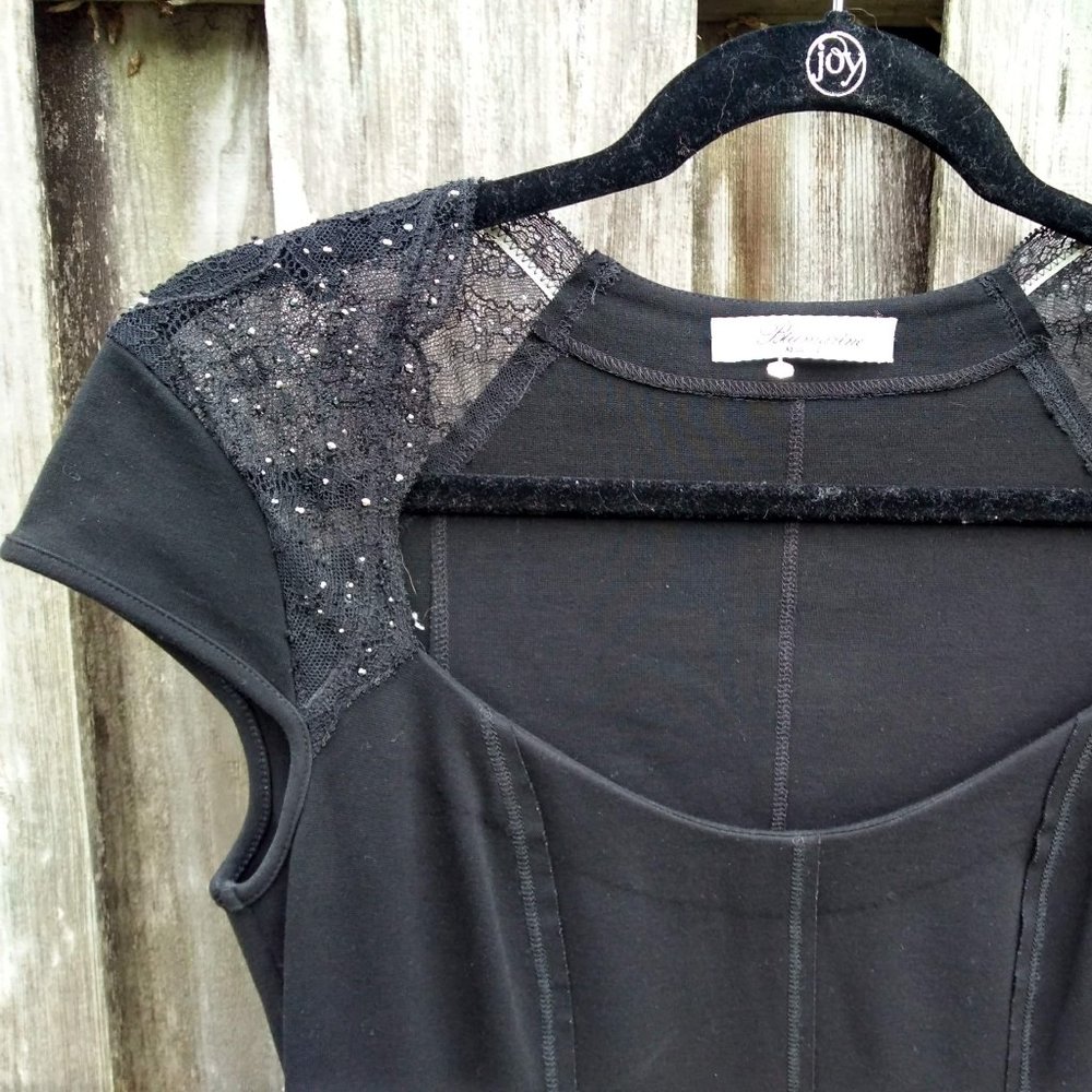 BLUMARINE Italy LBD sheath dress lace rhinestones